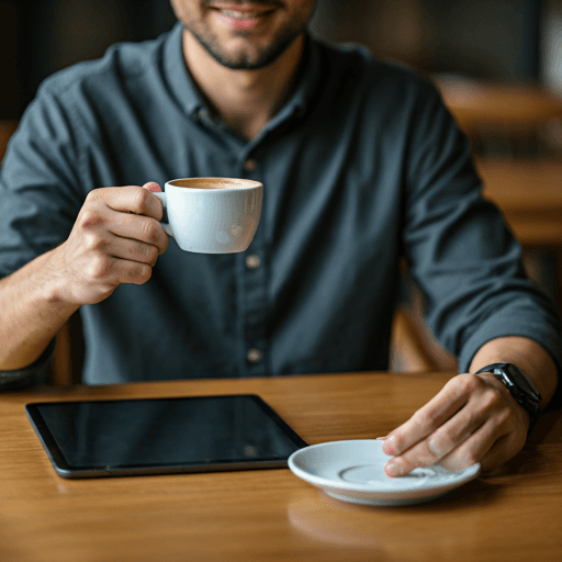 Propriétaire de restaurant prenant un café tout en gérant le service depuis une tablette